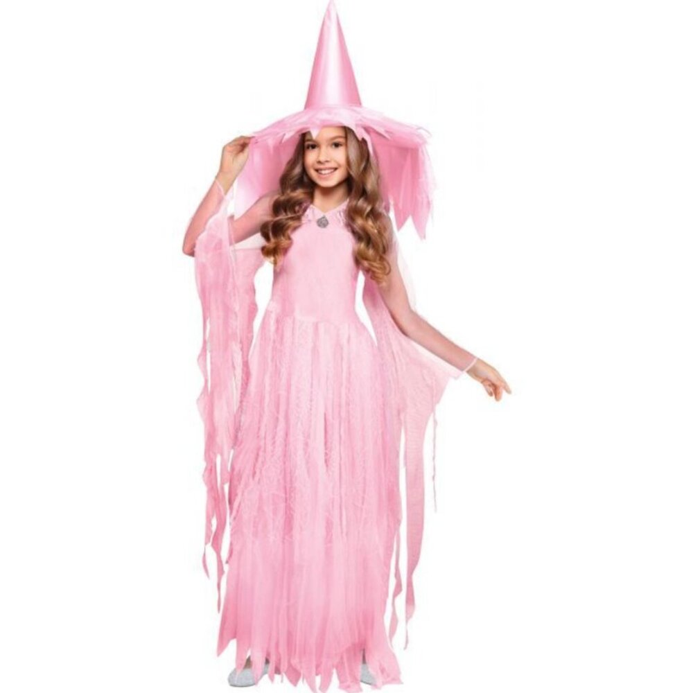 Witch Halloween Costume 12/14 Pink Fancy Tattered Long Dress with Hat Kids Girls